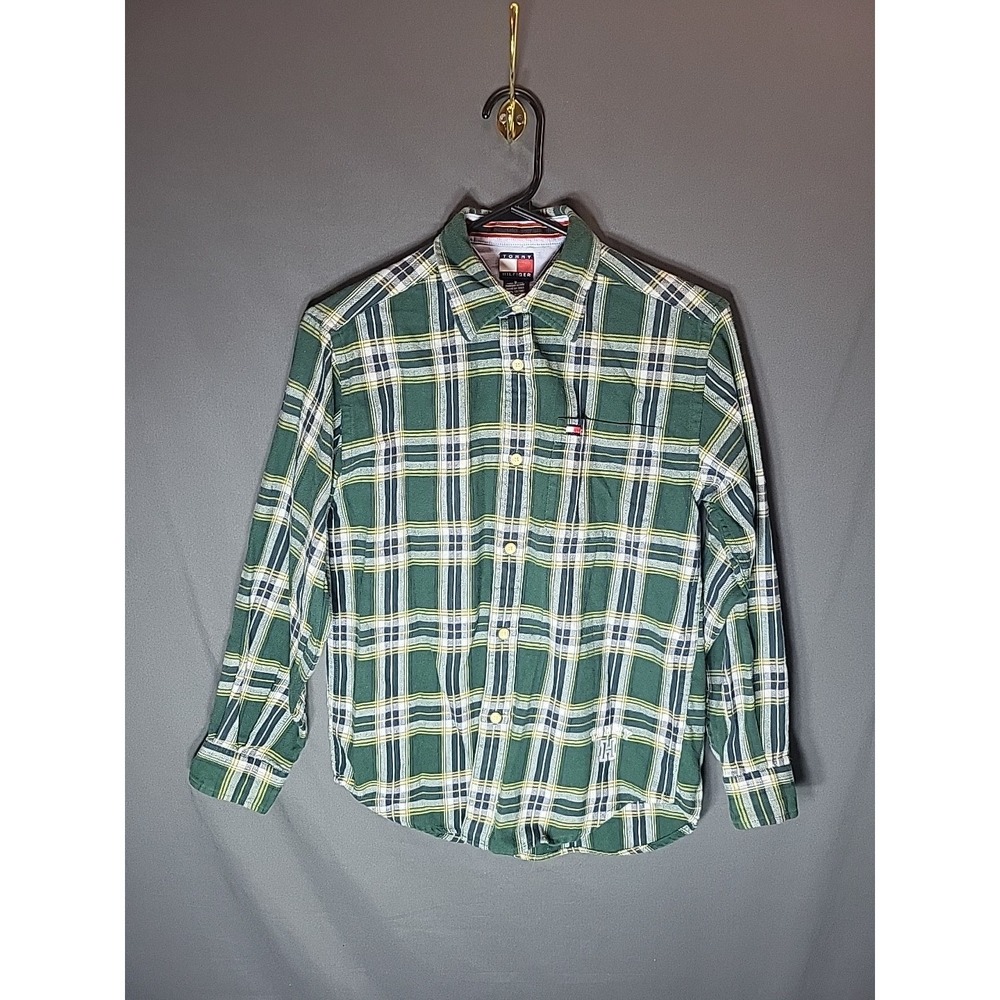 Vintage 90s Tommy Hilfiger Green Plaid Flannel Button Down Mens Shirt Medium
